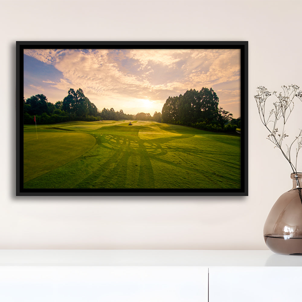 Golf Field In The Sunrise, Floating Framed Canvas Print Wall Art