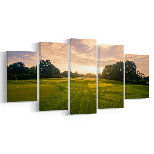 Golf Field In The Sunrise, Golf Art Print, 5 Pieces Mixed Canvas Print Wall Art