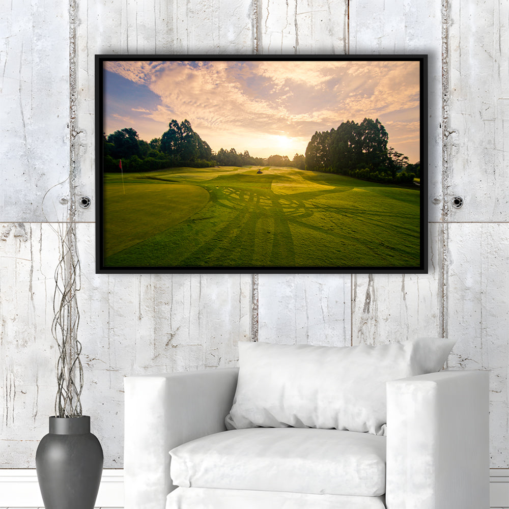 Golf Field In The Sunrise, Floating Framed Canvas Print Wall Art