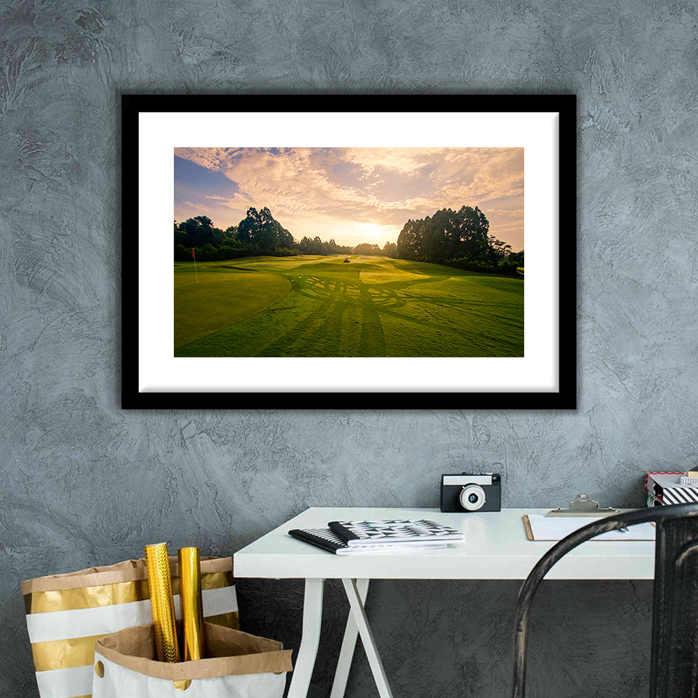 Golf Field In The Sunrise, Goft Art Print, Framed Art Print White Border Wall Decor