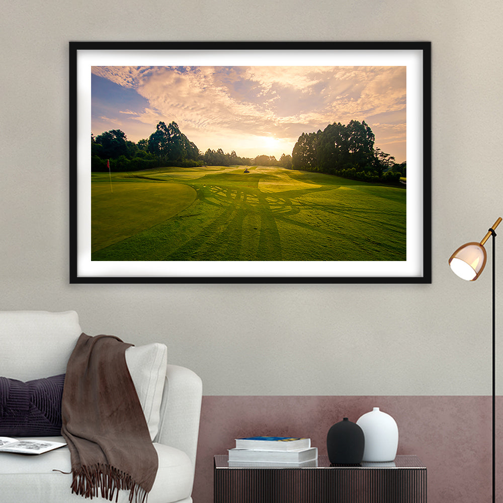 Golf Field In The Sunrise, Goft Art Print, Framed Art Print White Border Wall Decor