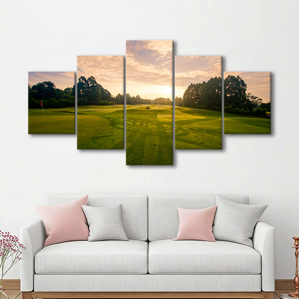 Golf Field In The Sunrise, Golf Art Print, 5 Pieces Mixed Canvas Print Wall Art