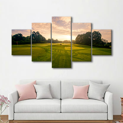 Golf Field In The Sunrise, Golf Art Print, 5 Pieces Mixed Canvas Print Wall Art