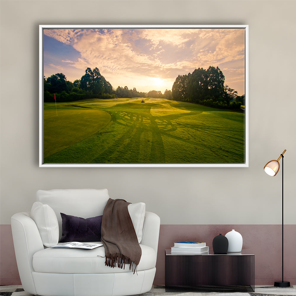 Golf Field In The Sunrise, Floating Framed Canvas Print Wall Art