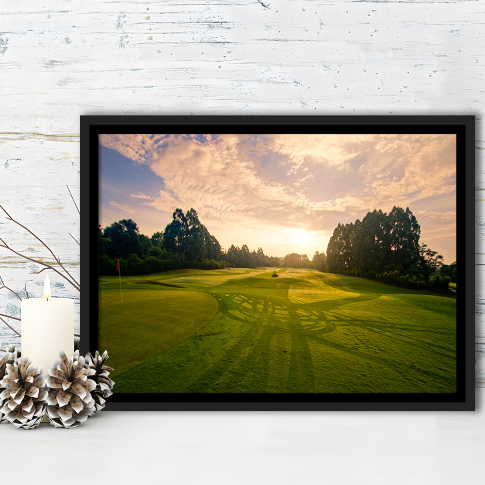 Golf Field In The Sunrise, Floating Framed Canvas Print Wall Art