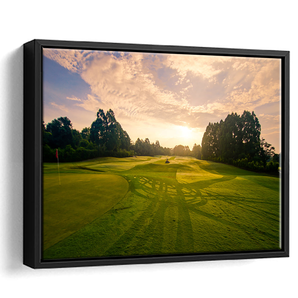 Golf Field In The Sunrise, Floating Framed Canvas Print Wall Art