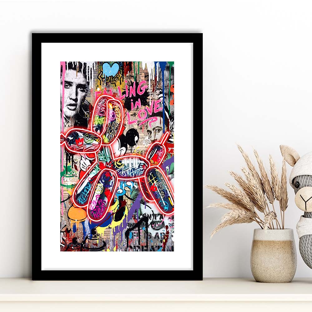 Graffiti Balloon Dog, Colorful Graffiti Painting Art, Framed Art Print, Luxury Pictures Framed, White Border
