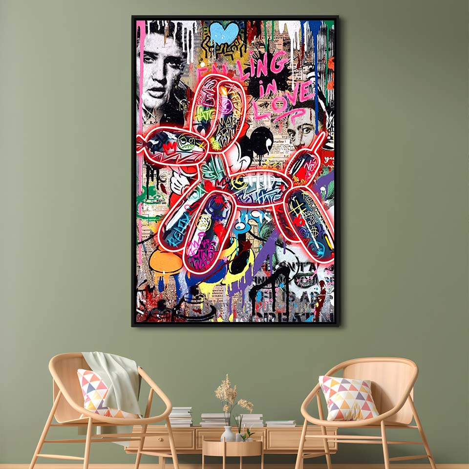 Graffiti Balloon Dog, Colorful Graffiti Painting Art, Framed Canvas Print, Floating Frame, Luxury Wall Art Decor