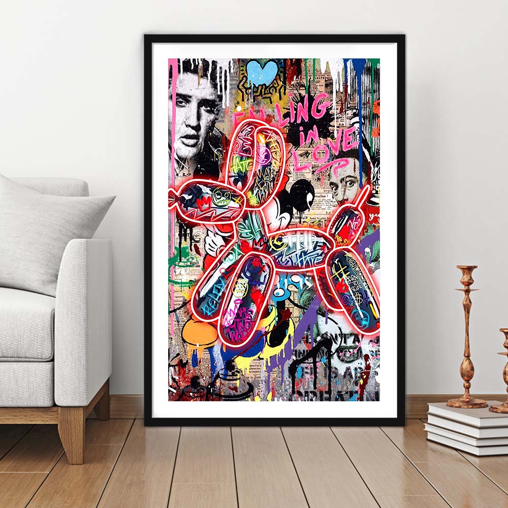 Graffiti Balloon Dog, Colorful Graffiti Painting Art, Framed Art Print, Luxury Pictures Framed, White Border