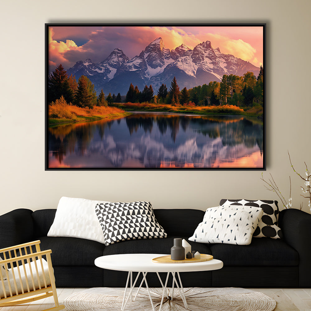 Grand Teton National Park, Office Wyoming Rocky Mountains Landscape Painting, Framed Canvas Print Wall Art, Floating Frame