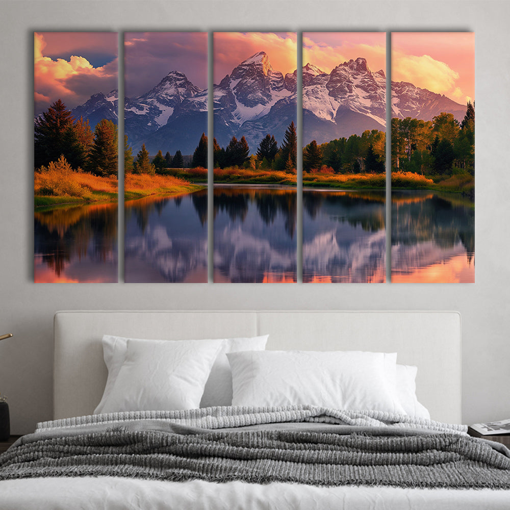 Grand Teton National Park, Office Wyoming Rocky Mountains Painting, 5 Panel B Canvas Print Wall Art, Extra Large Canvas
