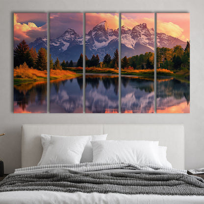 Grand Teton National Park, Office Wyoming Rocky Mountains Painting, 5 Panel B Canvas Print Wall Art, Extra Large Canvas