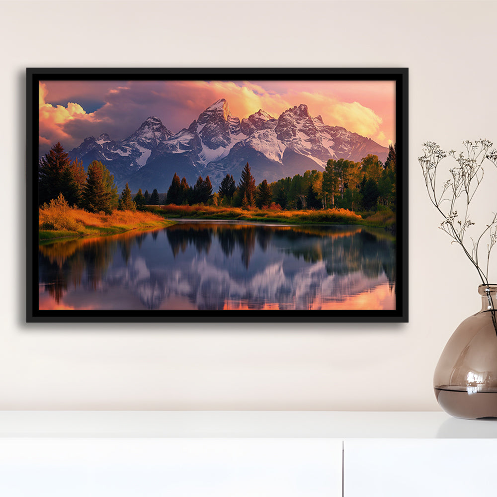 Grand Teton National Park, Office Wyoming Rocky Mountains Landscape Painting, Framed Canvas Print Wall Art, Floating Frame