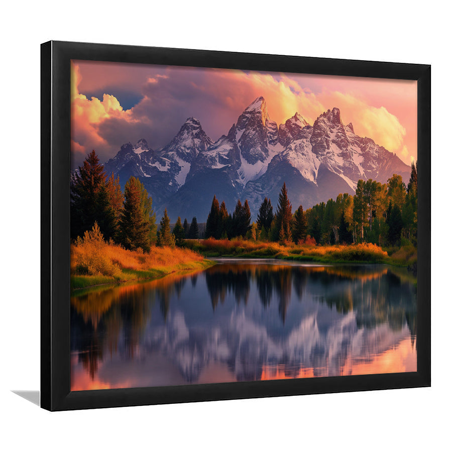 Grand Teton National Park, Office Wyoming Rocky Mountains Landscape Painting, Framed Art Print Wall Decor, Picture Framed