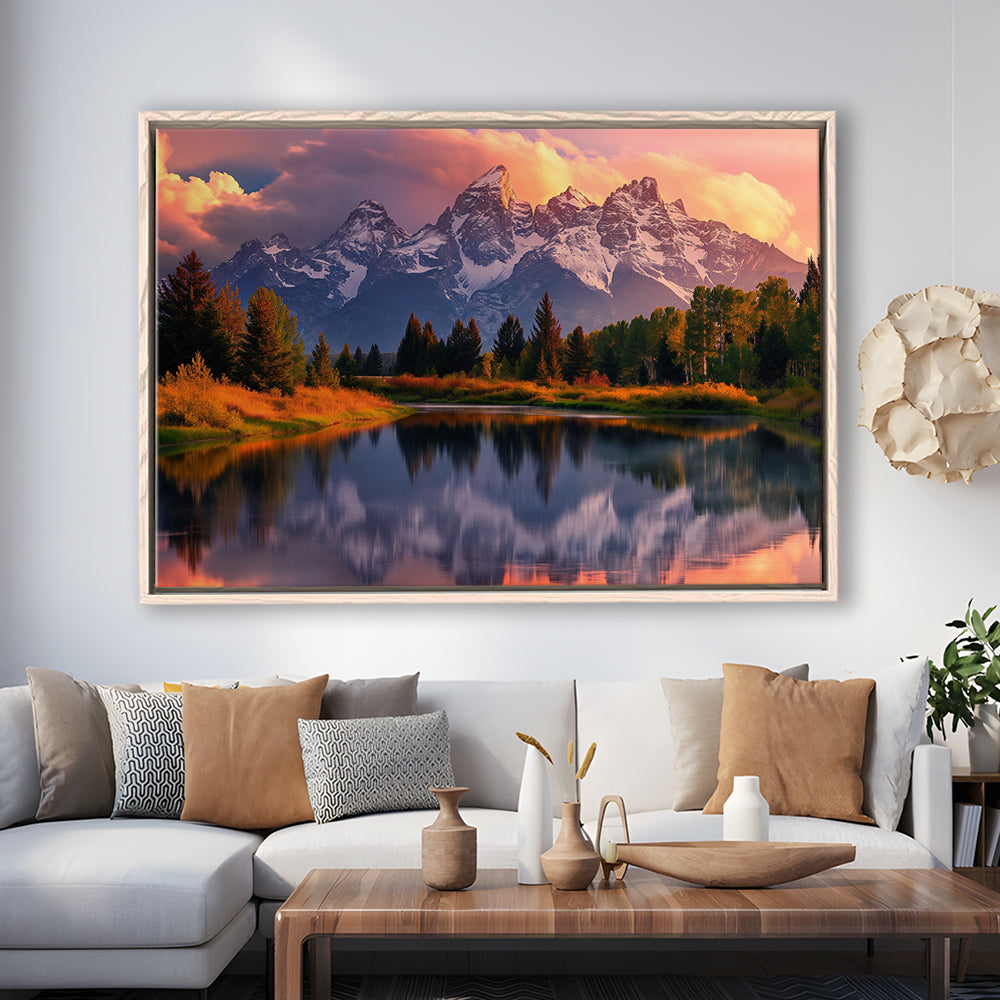 Grand Teton National Park, Office Wyoming Rocky Mountains Landscape Painting, Framed Canvas Print Wall Art, Floating Frame