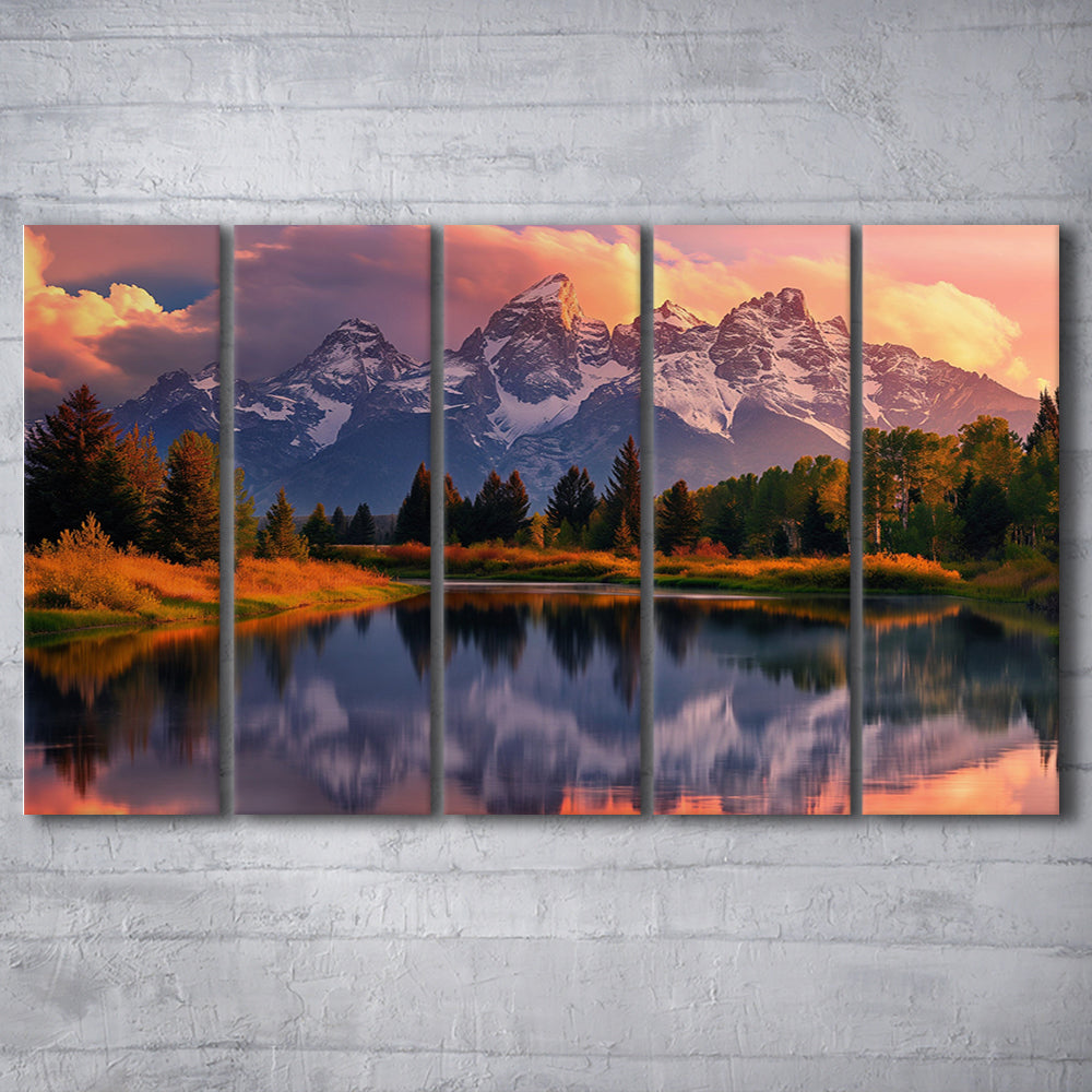 Grand Teton National Park, Office Wyoming Rocky Mountains Painting, 5 Panel B Canvas Print Wall Art, Extra Large Canvas