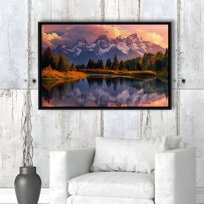 Grand Teton National Park, Office Wyoming Rocky Mountains Landscape Painting, Framed Canvas Print Wall Art, Floating Frame
