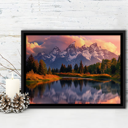 Grand Teton National Park, Office Wyoming Rocky Mountains Landscape Painting, Framed Canvas Print Wall Art, Floating Frame