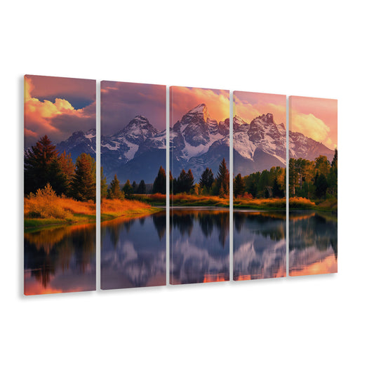 Grand Teton National Park, Office Wyoming Rocky Mountains Painting, 5 Panel B Canvas Print Wall Art, Extra Large Canvas