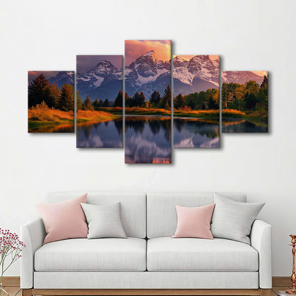 Grand Teton National Park, Office Wyoming Rocky Mountains Landscape Painting, 5 Panel Mixed Canvas Print Wall Art, Large Canvas