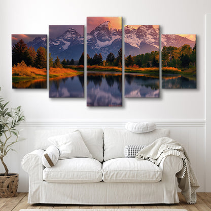 Grand Teton National Park, Office Wyoming Rocky Mountains Landscape Painting, 5 Panel Mixed Canvas Print Wall Art, Large Canvas