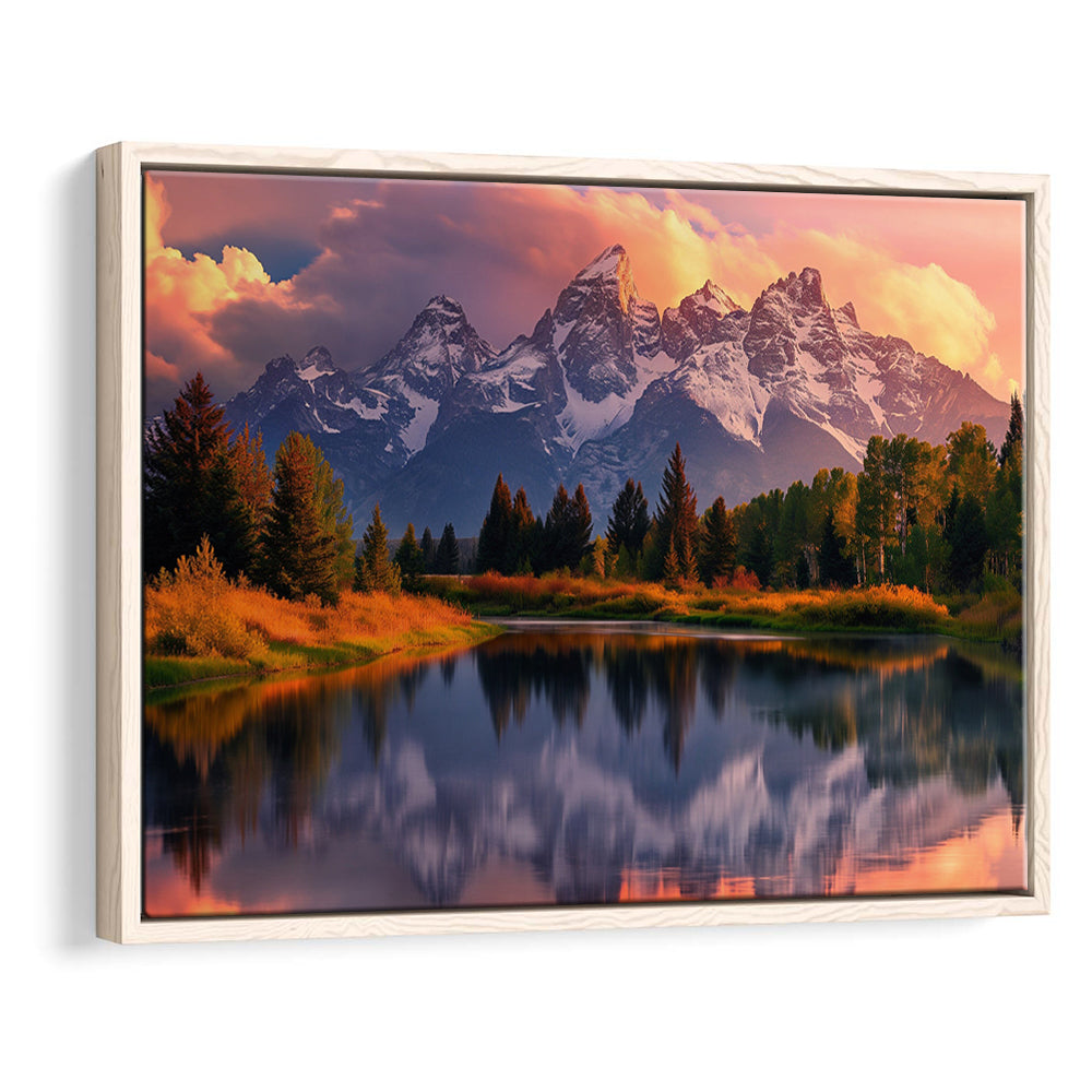 Grand Teton National Park, Office Wyoming Rocky Mountains Landscape Painting, Framed Canvas Print Wall Art, Floating Frame