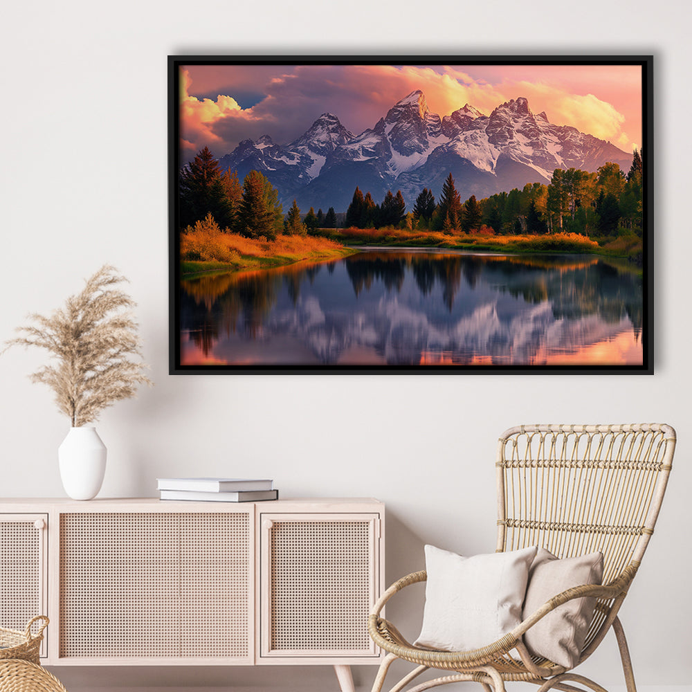 Grand Teton National Park, Office Wyoming Rocky Mountains Landscape Painting, Framed Canvas Print Wall Art, Floating Frame