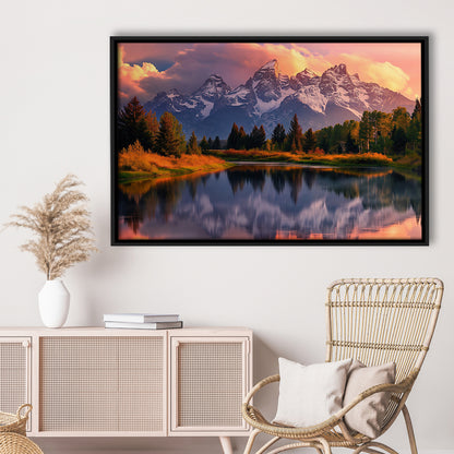 Grand Teton National Park, Office Wyoming Rocky Mountains Landscape Painting, Framed Canvas Print Wall Art, Floating Frame