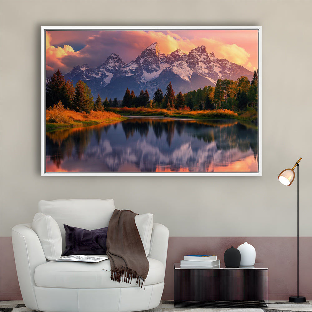 Grand Teton National Park, Office Wyoming Rocky Mountains Landscape Painting, Framed Canvas Print Wall Art, Floating Frame