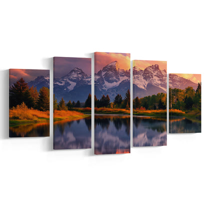 Grand Teton National Park, Office Wyoming Rocky Mountains Landscape Painting, 5 Panel Mixed Canvas Print Wall Art, Large Canvas