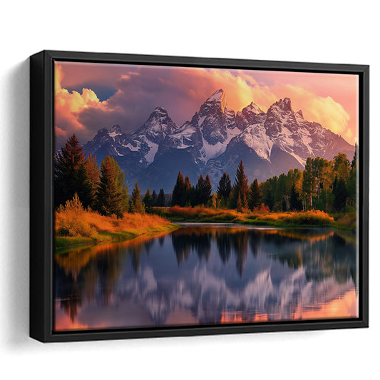 Grand Teton National Park, Office Wyoming Rocky Mountains Landscape Painting, Framed Canvas Print Wall Art, Floating Frame