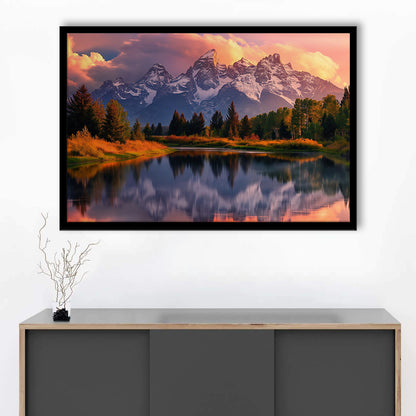 Grand Teton National Park, Office Wyoming Rocky Mountains Landscape Painting, Framed Art Print Wall Decor, Picture Framed