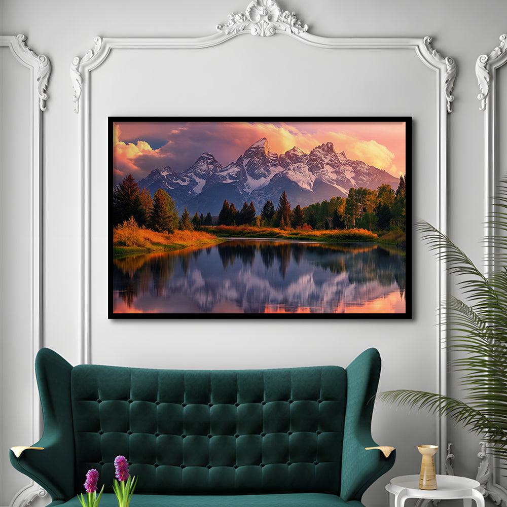 Grand Teton National Park, Office Wyoming Rocky Mountains Landscape Painting, Framed Art Print Wall Decor, Picture Framed