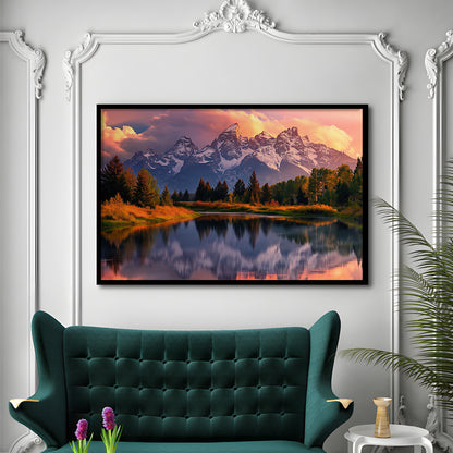 Grand Teton National Park, Office Wyoming Rocky Mountains Landscape Painting, Framed Art Print Wall Decor, Picture Framed