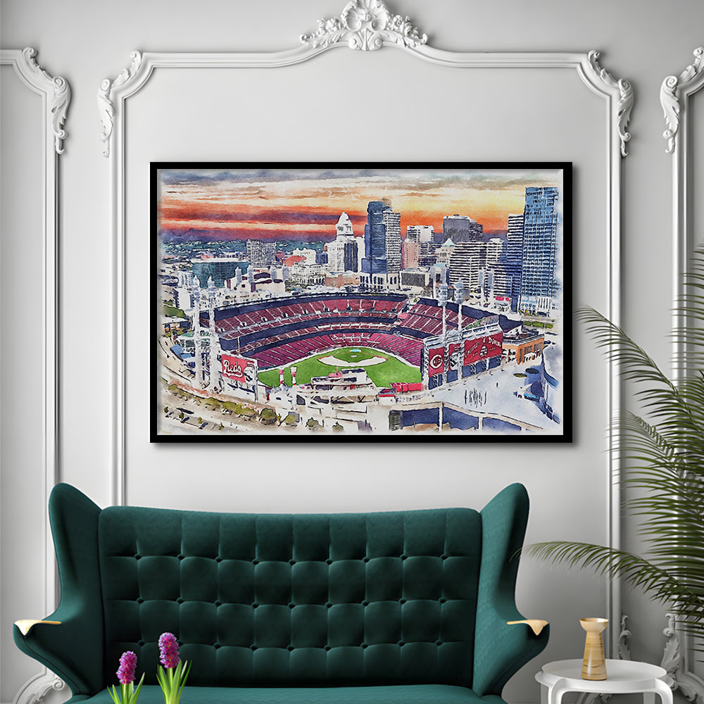 Great American Ball Park, Cincinnati Watercolor, Sport Gift Art, Framed Art Print Wall Decor