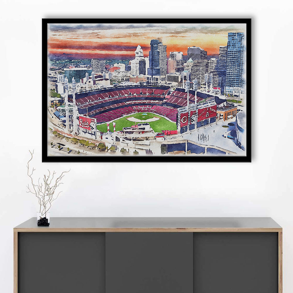 Great American Ball Park, Cincinnati Watercolor, Sport Gift Art, Framed Art Print Wall Decor