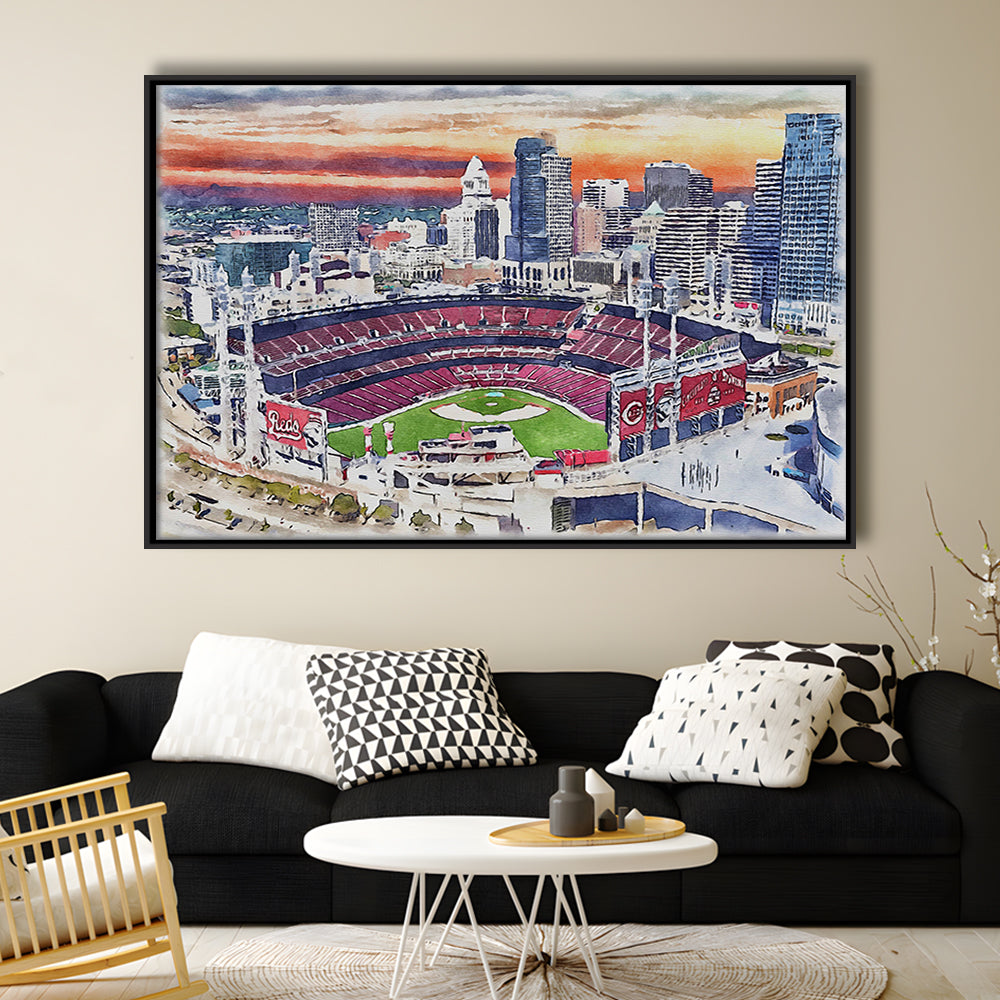 Great American Ball Park, Cincinnati Watercolor, Sport Gift Art, Framed Canvas Print Wall Art