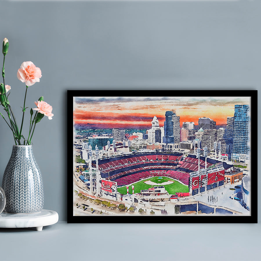 Great American Ball Park, Cincinnati Watercolor, Sport Gift Art, Framed Art Print Wall Decor