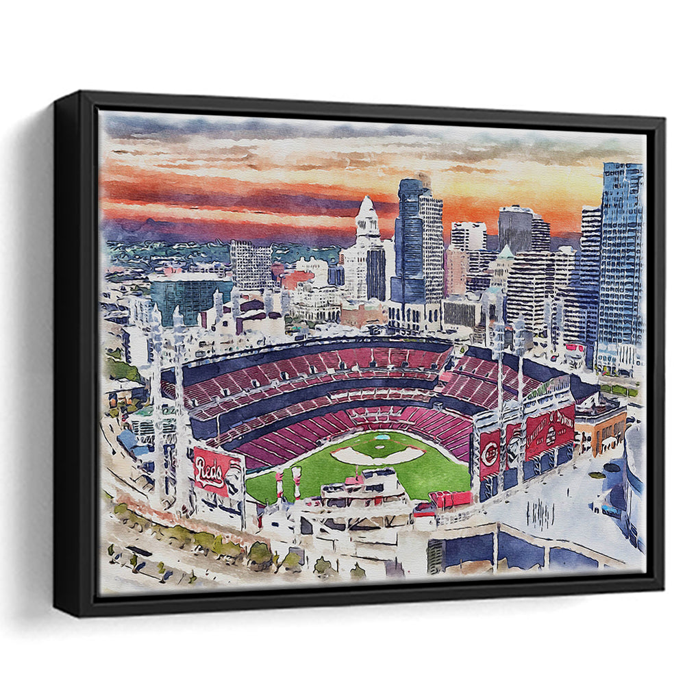Great American Ball Park, Cincinnati Watercolor, Sport Gift Art, Framed Canvas Print Wall Art