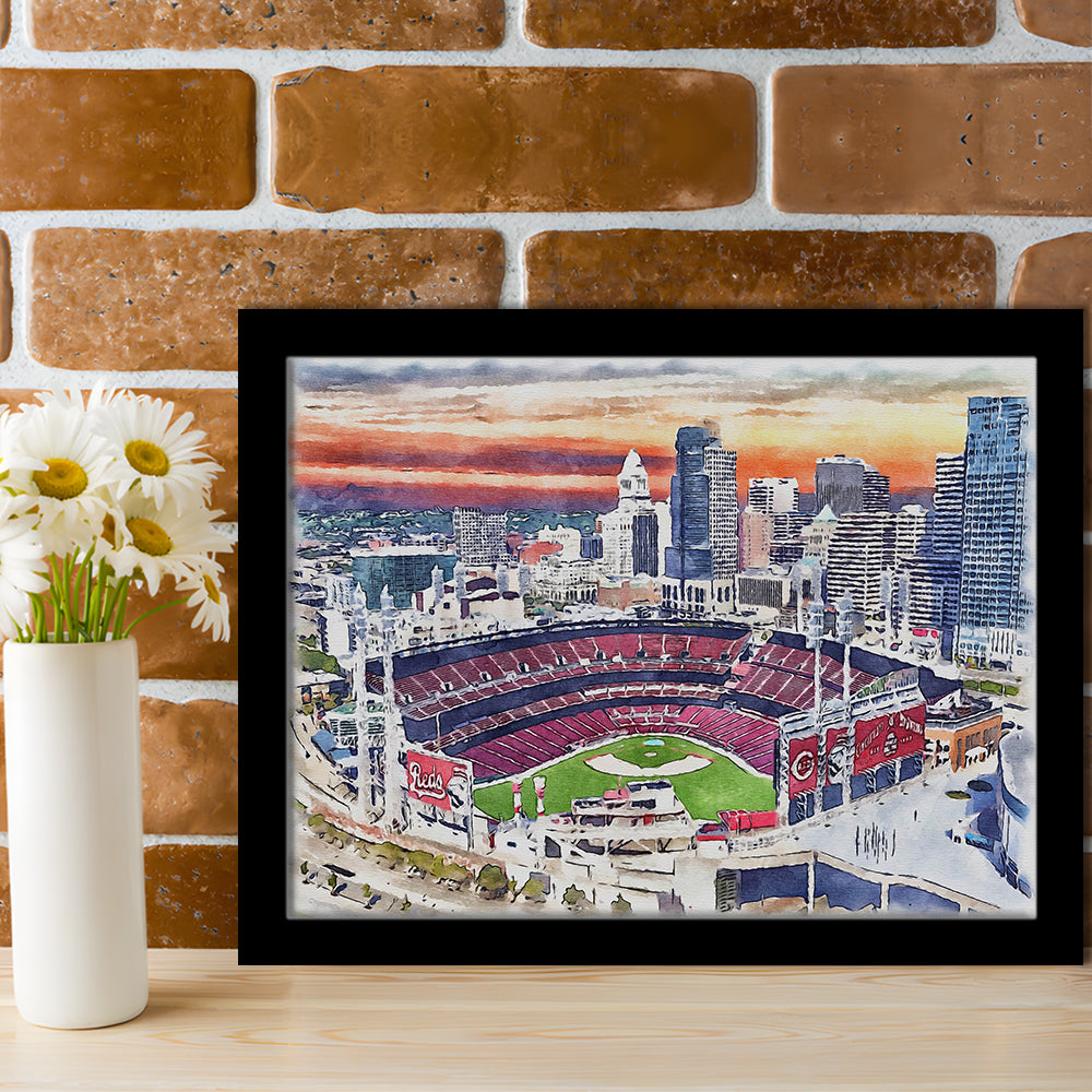 Great American Ball Park, Cincinnati Watercolor, Sport Gift Art, Framed Art Print Wall Decor