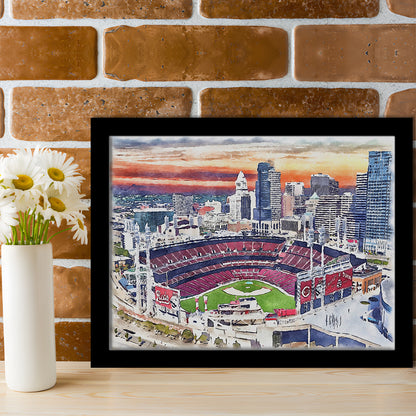 Great American Ball Park, Cincinnati Watercolor, Sport Gift Art, Framed Art Print Wall Decor