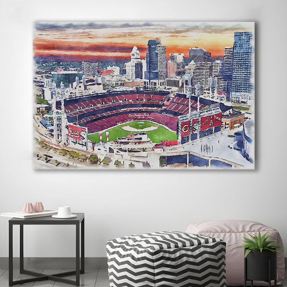 Great American Ball Park, Cincinnati Watercolor, Sport Art, Gifts for him, Canvas Print Wall Art