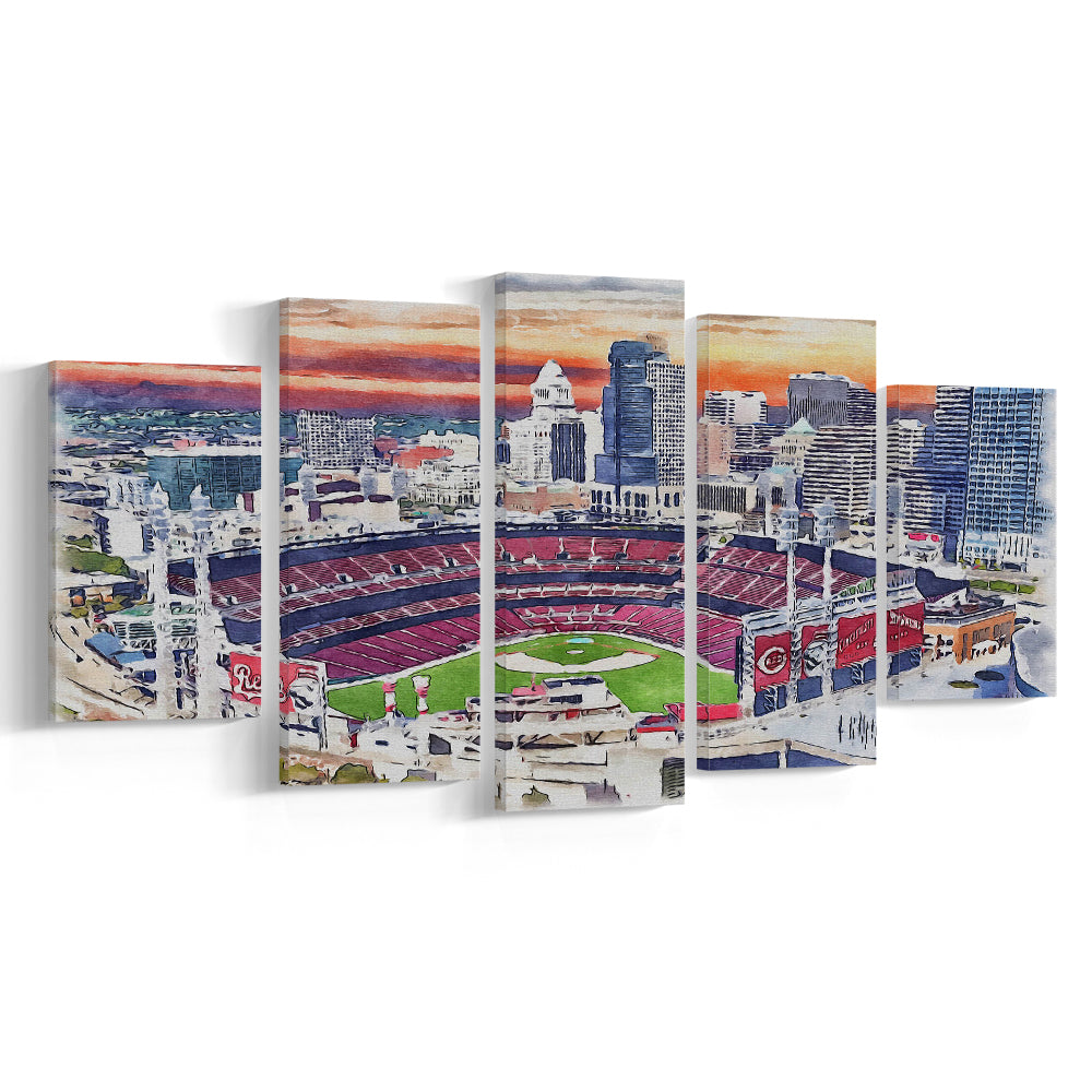 Great American Ball Park, Cincinnati Watercolor, Sport Art, Mixed 5 Panel, Canvas Print Wall Art