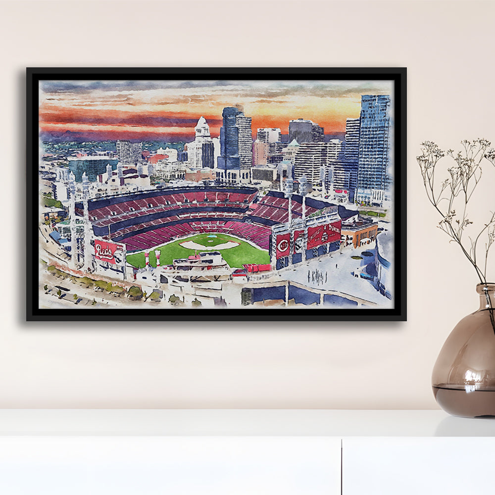 Great American Ball Park, Cincinnati Watercolor, Sport Gift Art, Framed Canvas Print Wall Art