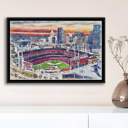 Great American Ball Park, Cincinnati Watercolor, Sport Gift Art, Framed Canvas Print Wall Art