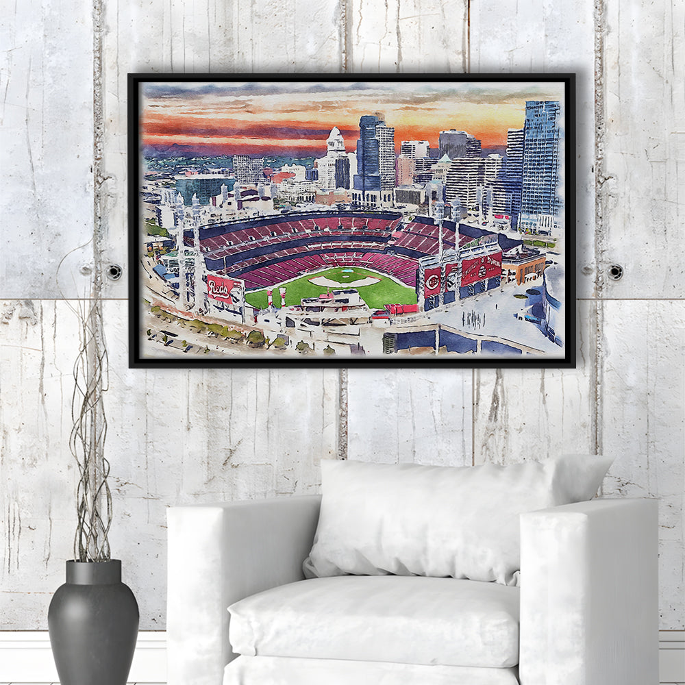 Great American Ball Park, Cincinnati Watercolor, Sport Gift Art, Framed Canvas Print Wall Art