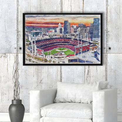 Great American Ball Park, Cincinnati Watercolor, Sport Gift Art, Framed Canvas Print Wall Art