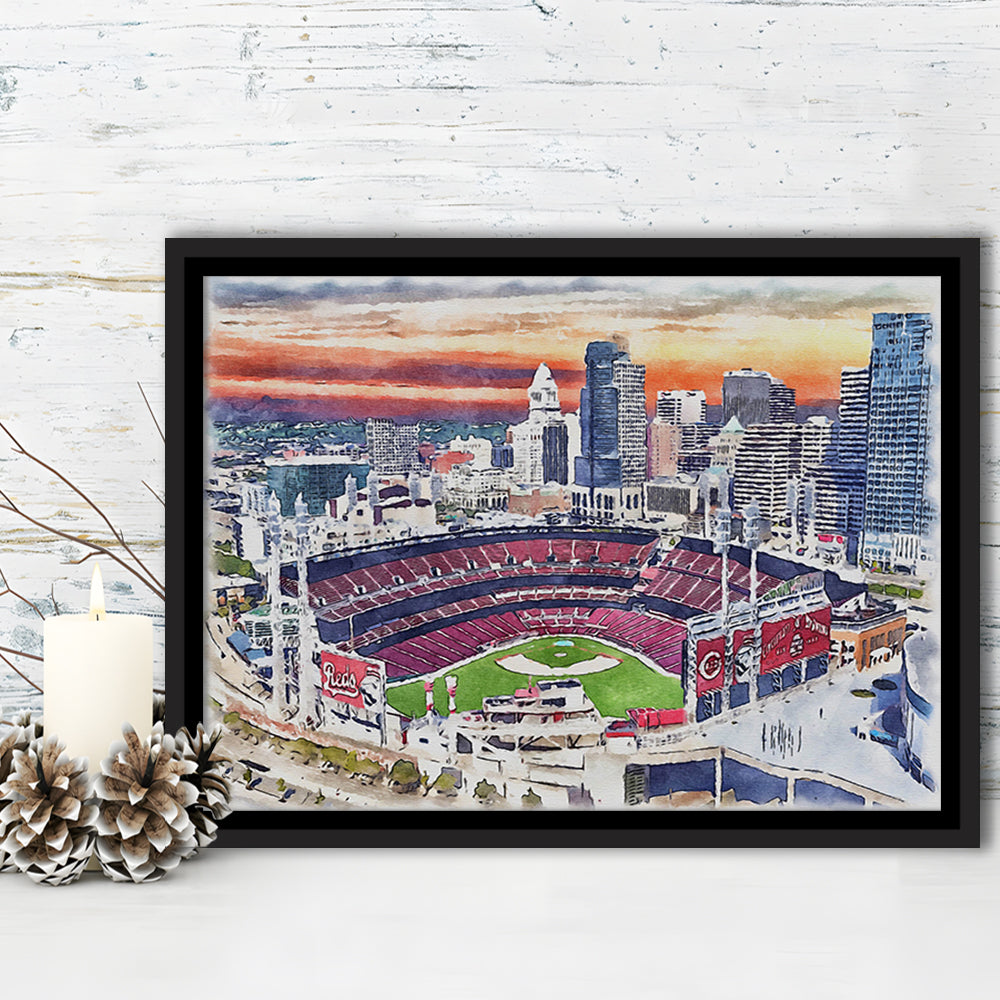 Great American Ball Park, Cincinnati Watercolor, Sport Gift Art, Framed Canvas Print Wall Art