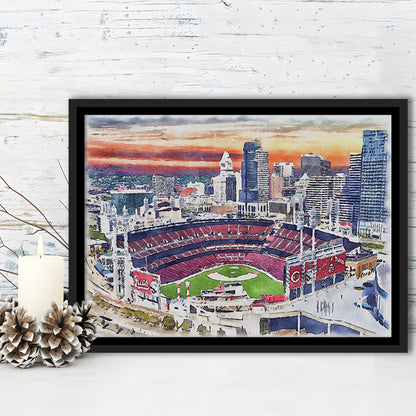 Great American Ball Park, Cincinnati Watercolor, Sport Gift Art, Framed Canvas Print Wall Art