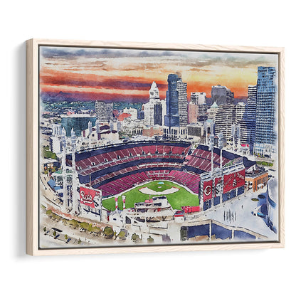 Great American Ball Park, Cincinnati Watercolor, Sport Gift Art, Framed Canvas Print Wall Art